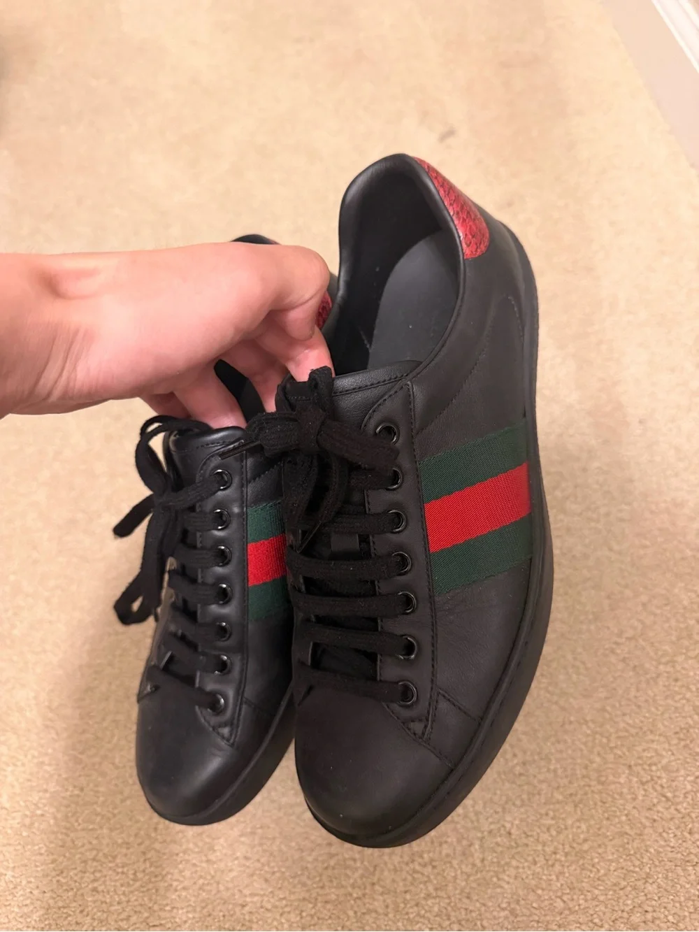 Gucci Black Leather Sneakers with Green and Red Web Stripe